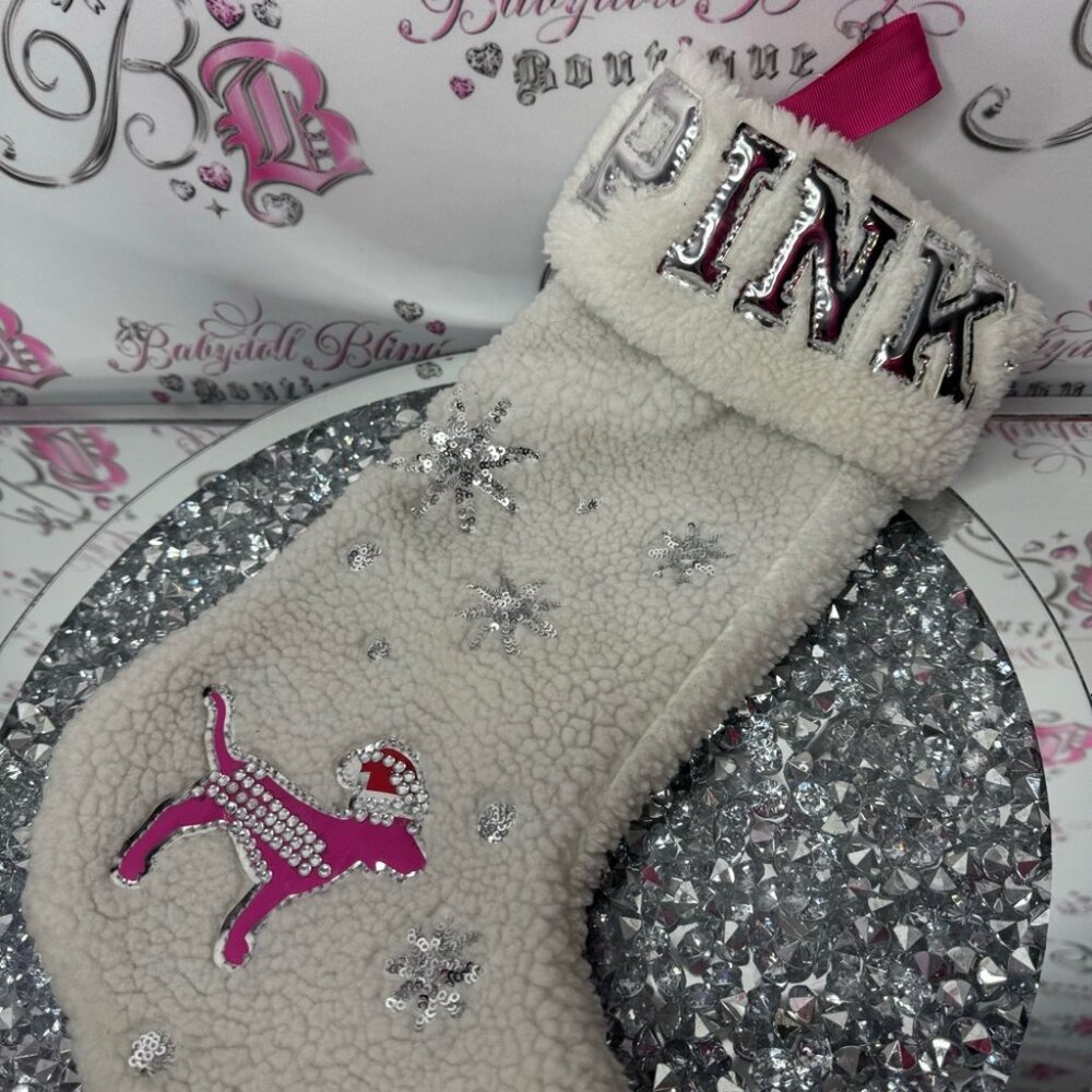 Victoria secret pink stocking Christmas Sherpa 2019 bling diamonds dog rare Xmas - Picture 7 of 11
